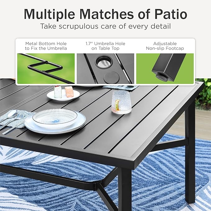 PHI VILLA 9 Pieces Outdoor Dining Set for 8, Rectangular Metal Steel Table with Umbrella Hole & Stackable Wrought Iron Chairs, Large Dining Furniture for Patio, Deck, Yard, Porch