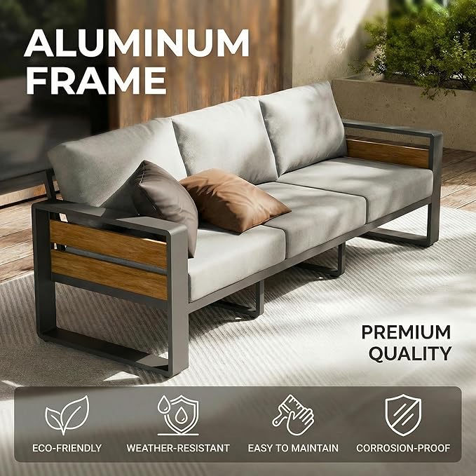 ZANDOR Aluminum Outdoor Patio Furniture Set, 4-Piece Metal Modern Outside Sectional Conversation Lawn Furniture with Coffee Table & Washable Thick Cushions,Seating Sofa for Garden/Backyard/Porch Grey