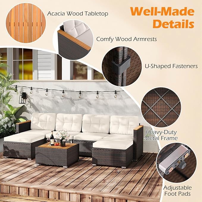 Tangkula 7 Pieces U Shape Outdoor Furniture Set, Patio Rattan Cushioned Chairs & Coffee Table Set, Outdoor Sectional Conversation Sofa with Wood Armrests & Tabletop for Backyard, Porch, Balcony