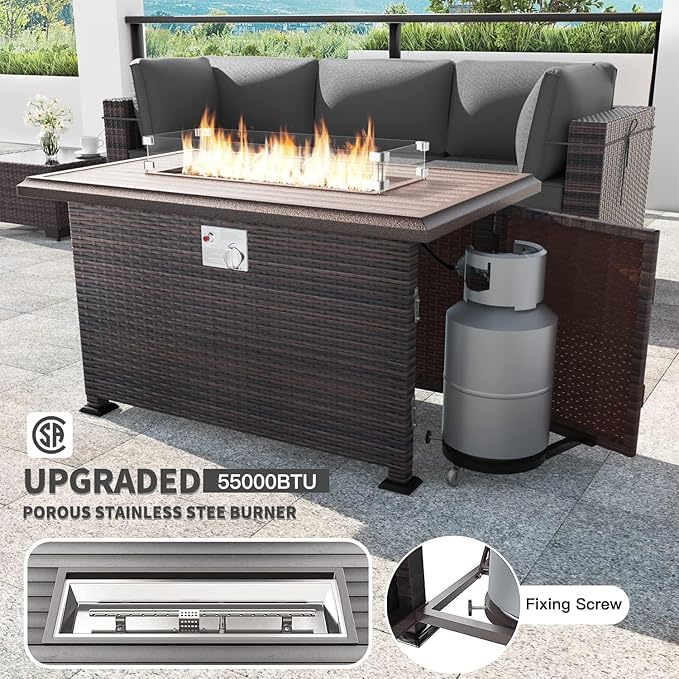 Kullavik 11 Pieces Outdoor Patio Furniture Set,PE Wicker Rattan Sectional Sofa Patio Conversation Sets with 43" 55000BTU Gas Propane Fire Pit Table,Swivel Rocking Chairs Set,Grey