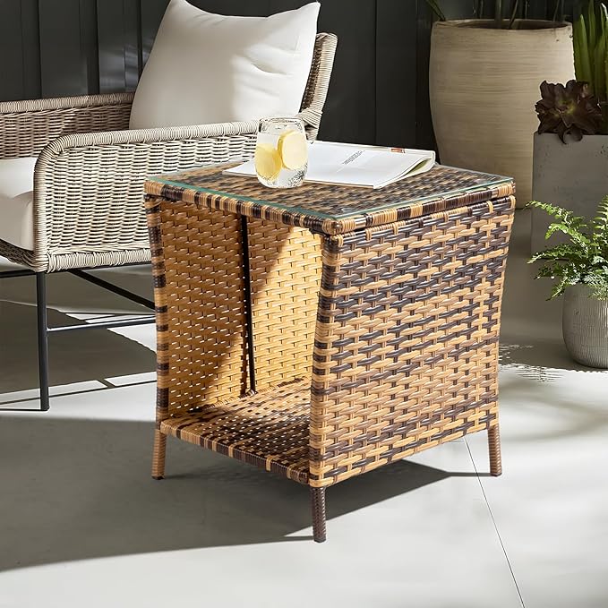 VINGLI Outdoor Wicker Side Table Patio Side Tables for Outside, Tempered Glass Top Wicker Table with Storage End Table for Balcony Porch Deck (Natural)