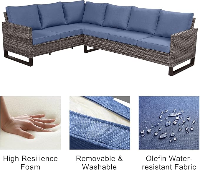 Belord Outdoor Sectional Sofa 6 Seater L Shaped Couch Wicker Patio Conversation Furniture Set with Tree-Grain Finish Metal Dining Table, Rattan Outdoor Furniture with Removable Washable Cushion Blue