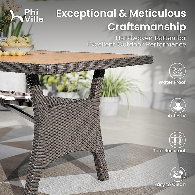 PHI VILLA Outdoor Dining Set for 6, Rectangular Rattan Table with Acacia Wood Top & Wicker Chairs with Cushions, 74” Large Modern Furniture Set for Patio, Deck, Backyard, Porch