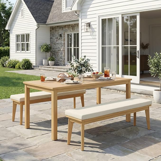 Wisteria Lane 3 Pieces Acacia Patio Dining Set for 4, Patio Dining Table and Chairs Set with Cushion, Modern Outdoor Dining Furniture Set for Lawn Backyard Garden Deck, Beige
