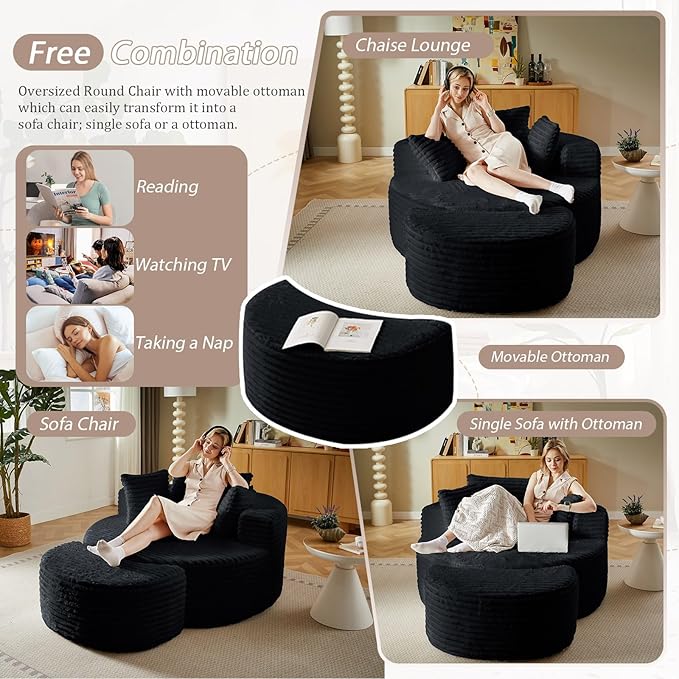 74.6" Oversized Round Chaise Lounge Chair with Ottoman Indoor, Fluffy Upholstered Corduroy Deep Seat Large Boneless Circle Couch Sofa Chairs for Living Room, Bedroom, No Assembly Required, Black