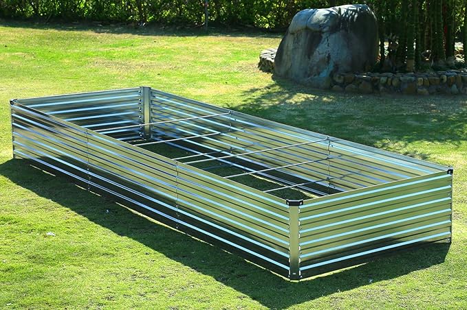 2 Pack 12x4x1FT Galvanized Raised Garden Bed Kit, Outdoor Metal Planter Box for Vegetables, Bottomless Rectangular Gardening Bed with Support Rods, Tool-Free Assembly, Silver