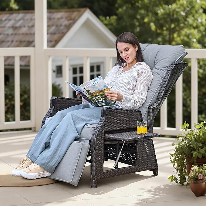 Outdoor Indoor Wicker Recliner with Adjustable Back and Footrest, Patio Reclining Chair with Flip-up Table, Outdoor Rattan Lounge Chair, Light Grey