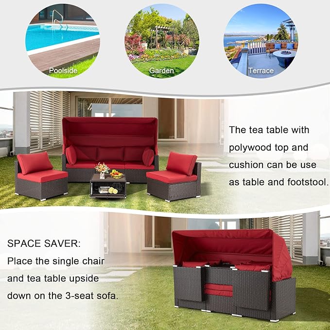 Vicluke 6 Pieces Patio Conversation Sets, Rectangle Wicker Daybed with Canopy, Adjustable Backrest, Storable Tea Table, Outdoor Sunbed for Backyard Garden Poolside(Wine Red)