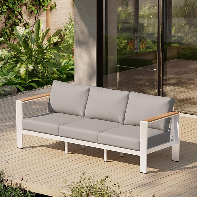 Aluminum Outdoor Patio Furniture, 3 Seats All-Weather Outdoor Patio Sofa with Washable Thick Cushion, Patio Sofa Couch for Porch, Balcony, Deck, Yard, White