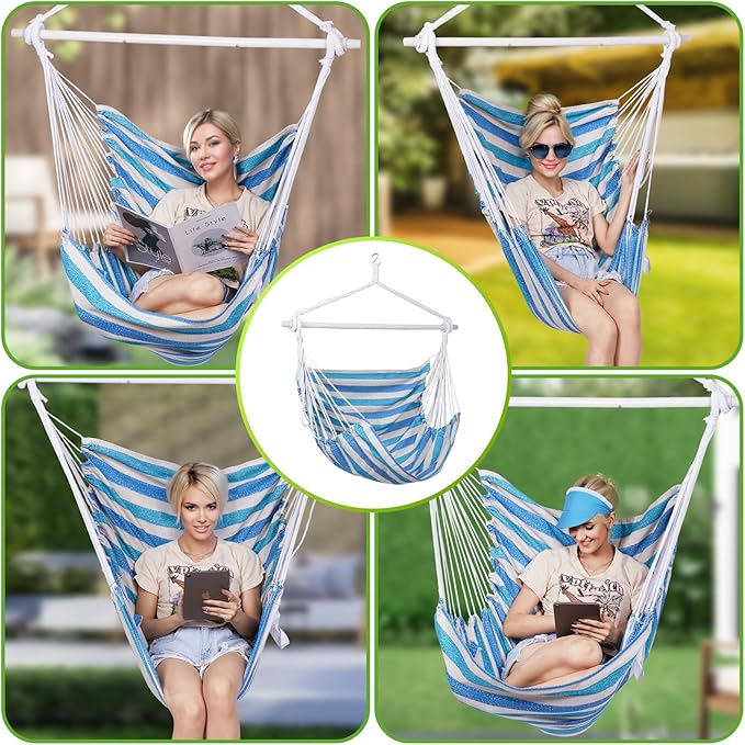 Backyard Expressions Striped Hammock Chair Hanging Rope Swing Chair, Anti Slip Steel Spreader Bar