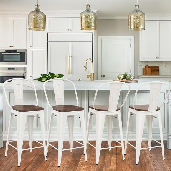 Yongqiang 30 inch Bar Stools Set of 4 Farmhouse Bar Height Stools High Back Kitchen Bar Chairs Cream White Metal Barstools with Large Wooden Seat