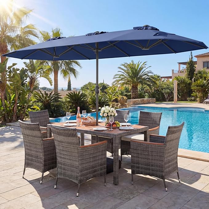 Tangkula 9 Piece Rattan Outdoor Dining Set with 13Ft Umbrella for 6, Outdoor Wicker Table Set with 6 Cushioned Armchairs, Acacia Wood Top, Outdoor Umbrella & with Base Included