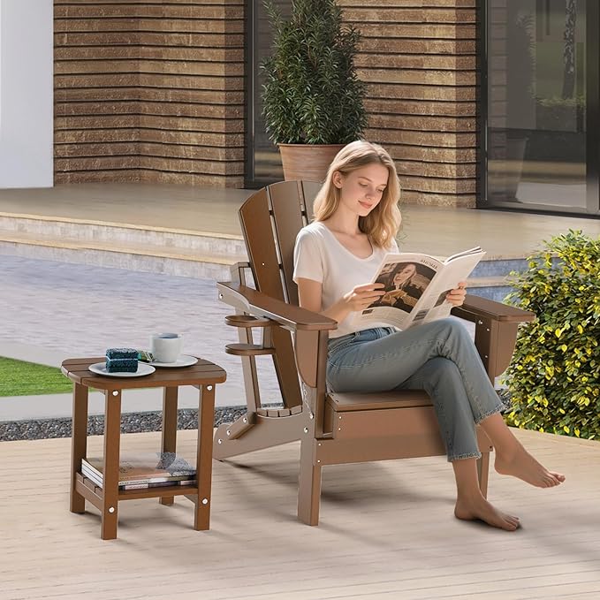 nalone Adirondack Side Table 16.5" Outdoor Side Table HDPE Plastic Double Adirondack End Table Small Table for Patio(Wood)