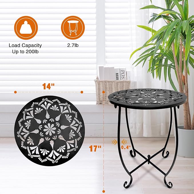 Fashion&cool Patio Side Tables, 14 Inch Weather Resistant Metal Outdoor Side Table for Halloween, Round End Table Side Table for Patio Yard Porch Balcony Garden Bedside, Plant Stand (Black)