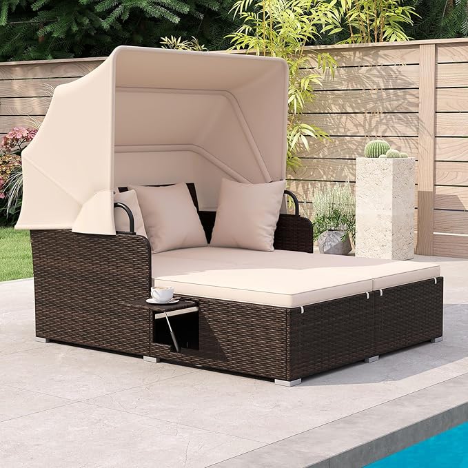 RELAX4LIFE Patio Outdoor Daybed with Canopy, Wicker Rattan Sunbed w/Cushions, 4 Pillows & 2 Retractable Side Trays, 2-Person Lounge Bed Conversation for Poolside Porch Garden (Mix Brown-Beige)