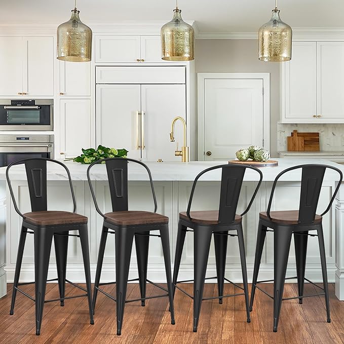 Yongqiang 30 inch Bar Stools Set of 4 Black Metal Bar Height Stools Modern Farmhouse Kitchen Island Barstools Bar Chairs with Large Wooden Seat, High Back