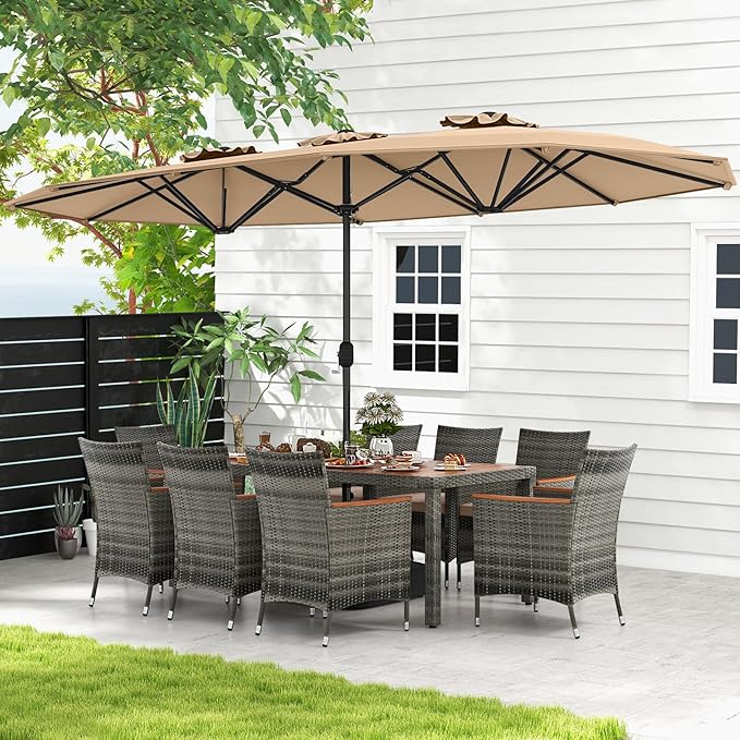 Tangkula 10 Pieces Patio Wicker Dining Set w/Double-Sided Patio Umbrella, Outdoor Acacia Wood Furniture Set w/ 8 Armchairs, 71” Dining Table & 15 ft Umbrella with Weighted Base (Coffee)