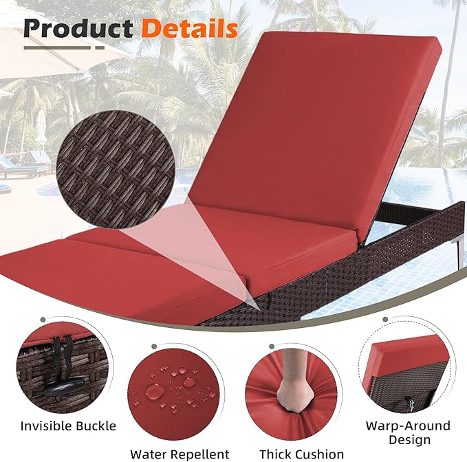 HOMREST Outdoor Lounge Chairs Set of 2, Patio Wicker Chaise Lounge with Removable Cushion, Rattan Pool Sunbathing Recliners with Adjustable Backrest (Burgundy)