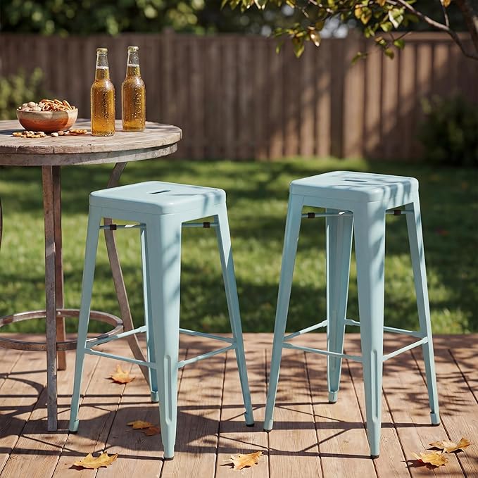 Shahoo 30 Inches Metal Bar Stools Counter Height Stackable Backless Stools, Industrial Patio Stools Indoor Outdoor Metal Kitchen Stools Set of 4 (Blue, 30'')