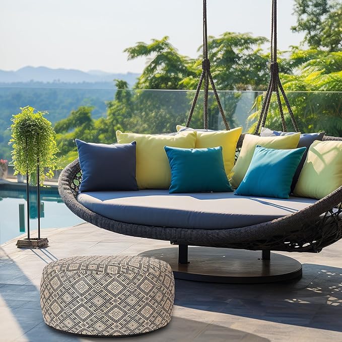 Woven Inflatable Ottoman D21”x H10” Outdoor Indoor Pouf Patio Footrest Stool with Portable Handle, Round Ottoman for Patio Garden, Camping, Bedroom, Living Room