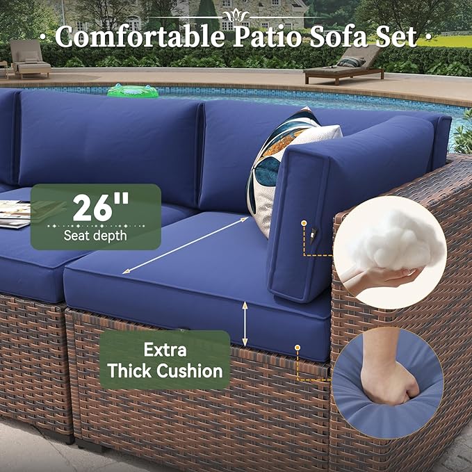Aoxun 11 Piece Patio Furniture Set with 44” Fire Pit Table Wicker Rattan Outdoor Sectional Sofa Set with Coffee Table and 4” Thickened Cushions, Blue (Waterproof Cover Included)