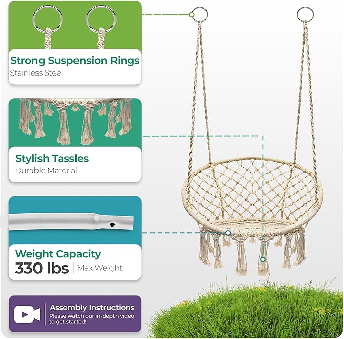 Sorbus Stylish Boho Swing Chair - Premium Cotton Ceiling Swing for Durability, Decorative Macrame Hanging Hammock Chair - Use Indoor, Outdoor Chair, Patio Porch, Garden, Meditation, Gifts- Max 250Lbs