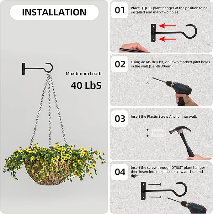 Plant Hooks 2Pack Hanging Plant Bracket 6inch Metal Plant Hanger Decorative Plant Hook for Bird Feeders, Planters, Lanterns, Wind Chimes, Home Decor Indoor Outdoor (Black)