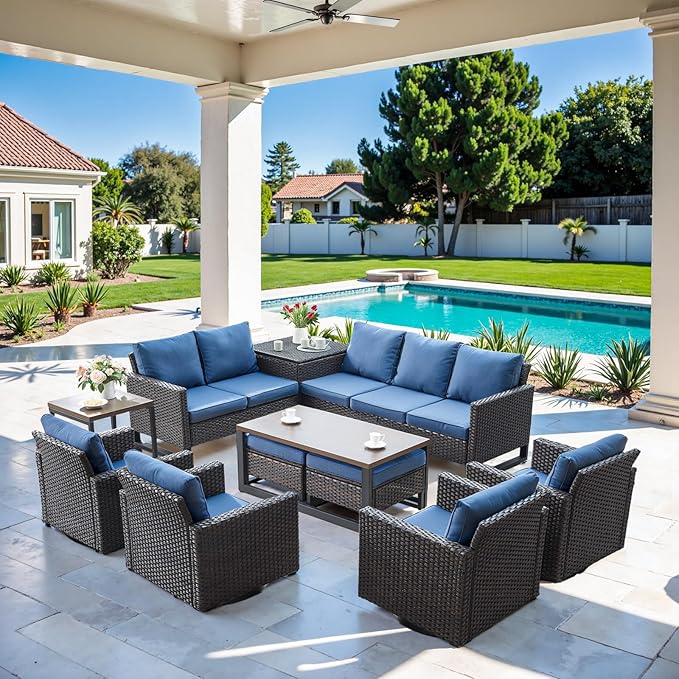 Belord Spacious 11 Pieces Patio Conversation Set - 5-Seater Outdoor Furniture Sectional Sets with Swivel Glider Chairs Set of 4 and Storage Box, Metal Top Coffee Table with Embedded Ottoman Brown
