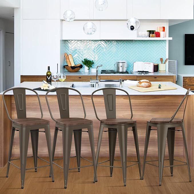 Alunaune 26" Swivel Metal Counter Height Bar Stools Set of 4 High Back Industrial Bar Chairs Kitchen Barstools with Large Wooden Seat-Rusty