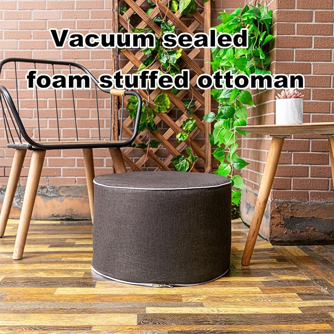 Asuprui Outdoor Indoor Foam Stuffed Ottoman Waterproof Round Ottoman Footrest Stool Diameter 20x Height 12 Inches Boho Foot Rest for Patio Living Room Porch Outdoor Seating Garden Camping Dark Coffee