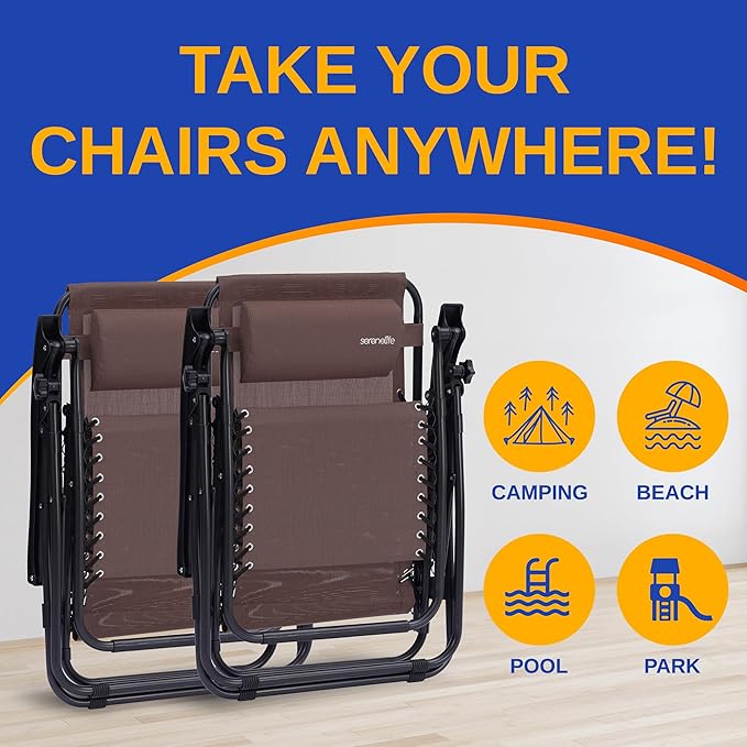 SereneLife Outdoor Zero Gravity Lounge Chair Set with Table – 2 Adjustable Recliners with Cup Holders, Headrest, Steel Frame & Foldable Design for Patio, Pool, Garden, or Camping