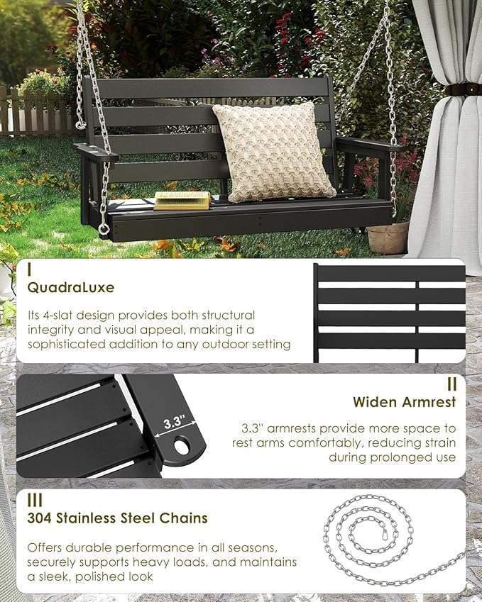 GREENVINES Porch Swing | 51’’ | HDPE Plastic | for Outdoor Patio | All Weather | Waterproof Bench Swings | w/ 4 Stainless Steel Chains | Black