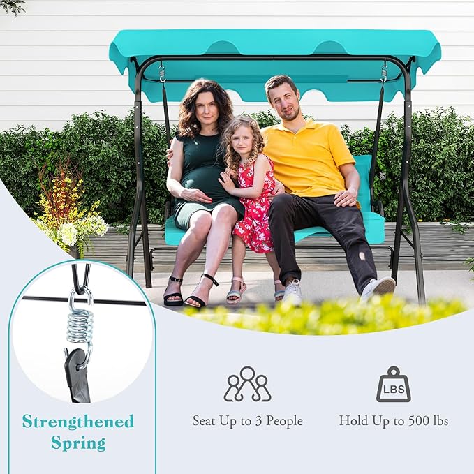 Porch Swing Outdoor, 3 Person Patio Swing w/Removable Cushion, Stand & Adjustable Canopy, Heavy Duty Swing Chair for Patio, Garden, Courtyard, Poolside