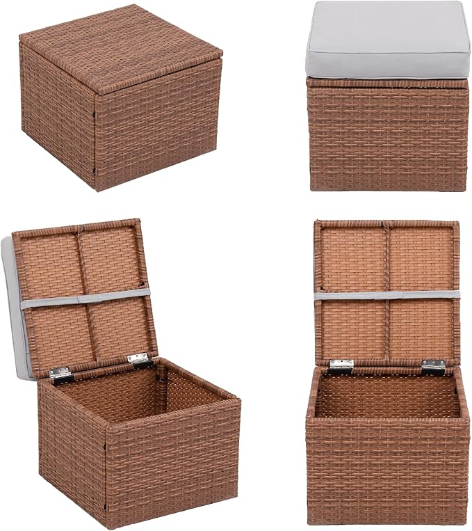 Premium Elegant Gray/Tawny 16.5" 2-Piece w/ 3" Fade-Proof Cushion, All-Weather Wicker Indoor/Outdoor Ottomans, PE Rattan Side Table & Footstools, Footrest, Ideal for Patio.