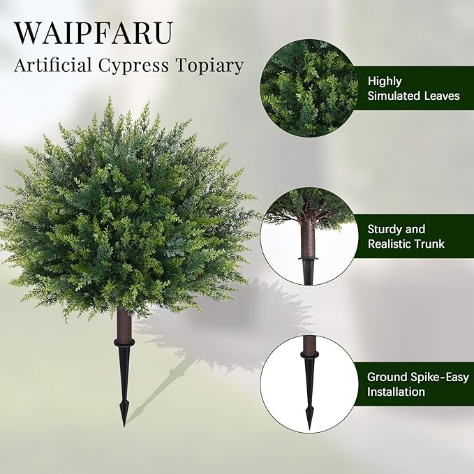 Waipfaru Artificial Plants Outdoor, 23'' Artificial Cedar Topiary with Ground Spike, UV-Resistant Fake Plants Fake Bushes for Outdoor Indoor Garden Front Porch Decor (4Pcs)