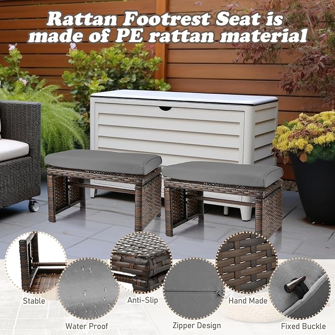 2 Pcs Patio Rattan Ottomans Outdoor Wicker Ottomans Patio Footstool Footrest with Removable Cushion Soft Zippered Cushions Function Footstool Seat Table for Backyard Balcony Poolside(Gray, Black)