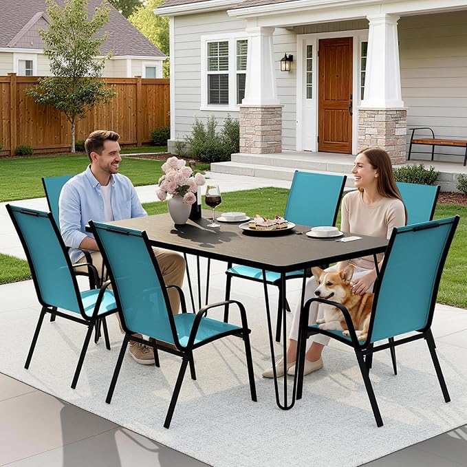 JEAREY Patio Dining Chairs Set of 6, Outdoor Stackable Dining Furniture Set, All Weather Dining Set for Lawn, Garden, Backyard, Poolside, Peacock Blue