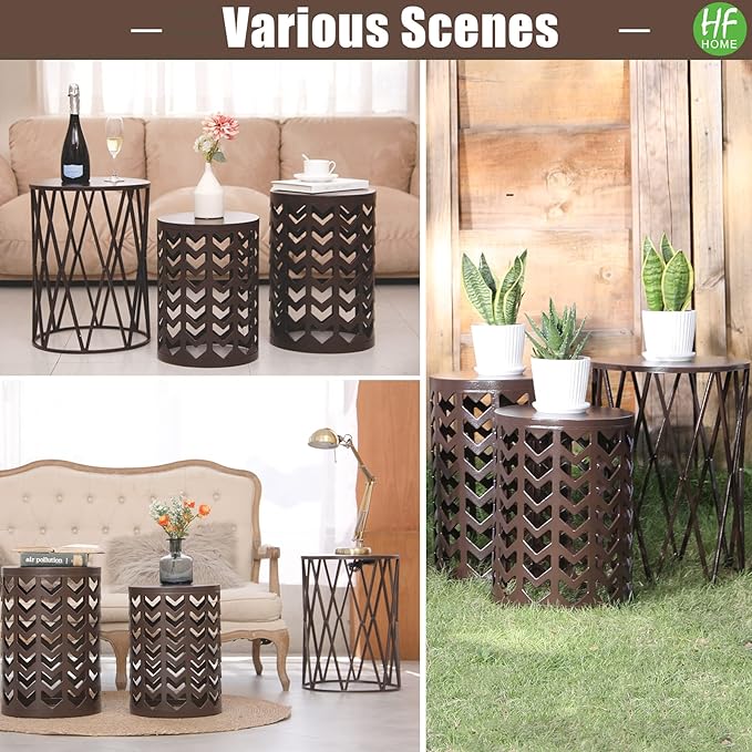 HFHOME Round Nesting Coffee Tables, Set of 3 End Tables for Living Room Balcony Office, Heavy Duty Metal Stacking Side Tables for Home Indoor - Brown