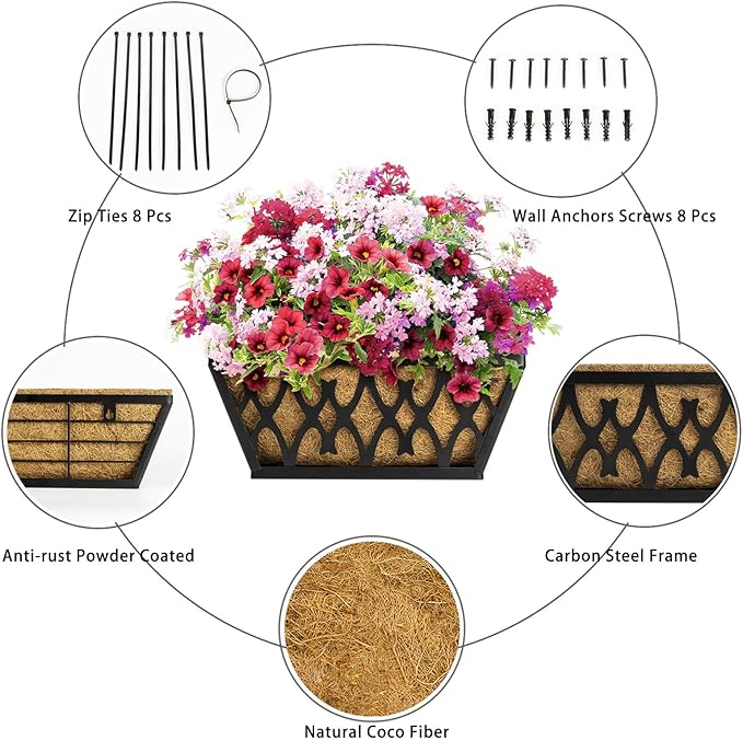 4 Pack 14 Inch Window Boxes Planters Railing Planter Box with Coco Liners Deck Railing Planter Boxes Balcony Hanging Flower Box for Outdoor Plants Garden Decor