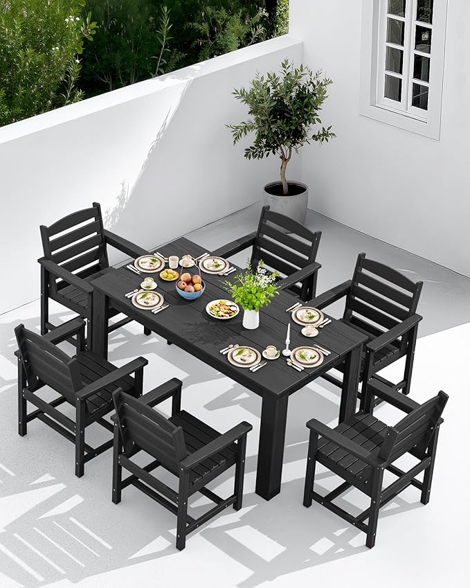 SERWALL HDPE Dining Set for 4, Outdoor Dining Sets for 4 Person with 1 Umbrella Hole Cut-Out Rectangular Table and 4 Chairs, Patio Dining Sets Black