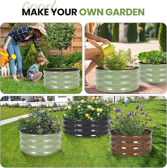 G GOOD GAIN Round Raised Garden Bed - 3Pcs 2x2x1ft Galvanized Steel Planter Boxes Outdoor with Rubber Edge Trim | Metal Raised Beds for Gardening Vegetables Flowers Fruits Herbs (Olive Green)
