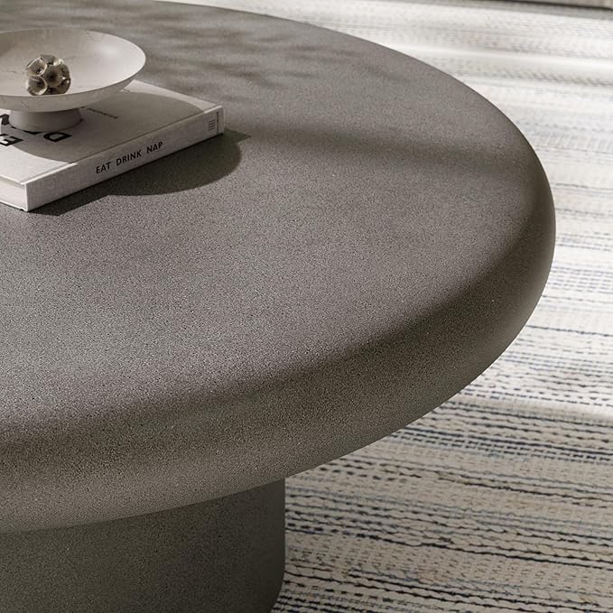 Modway Argos Round Concrete Coffee Table in Gray - Cement Low Coffee Table for Sitting on The Floor - Weather Resistant Stone Patio Coffee Table - Indoor Outdoor 34 Inch Center Table