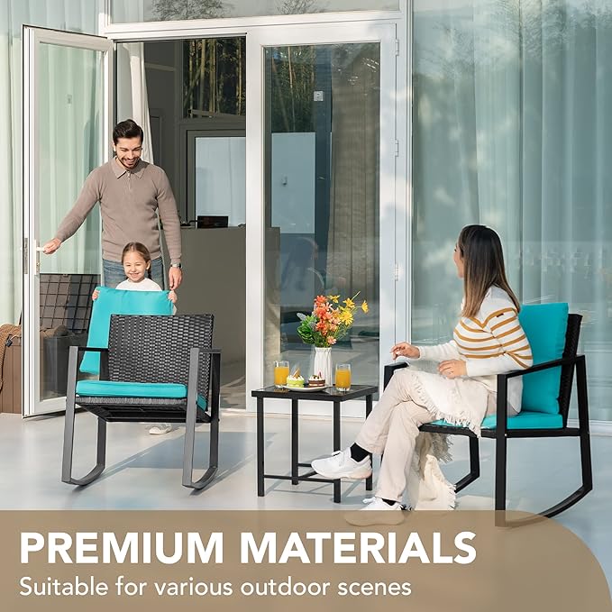 Devoko 3 Piece Rocking Bistro Set Wicker Patio Outdoor Furniture Porch Chairs Conversation Sets with Glass Coffee Table (Blue)