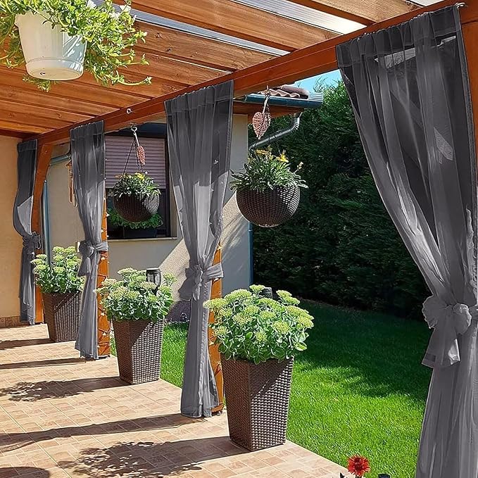 SpaceDresser Waterproof Outdoor Sheer Curtains for Patio - 4 Panels Rod Pocket Indoor Voile Sheer Curtain for Living Room,52W x 120L inch,Grey