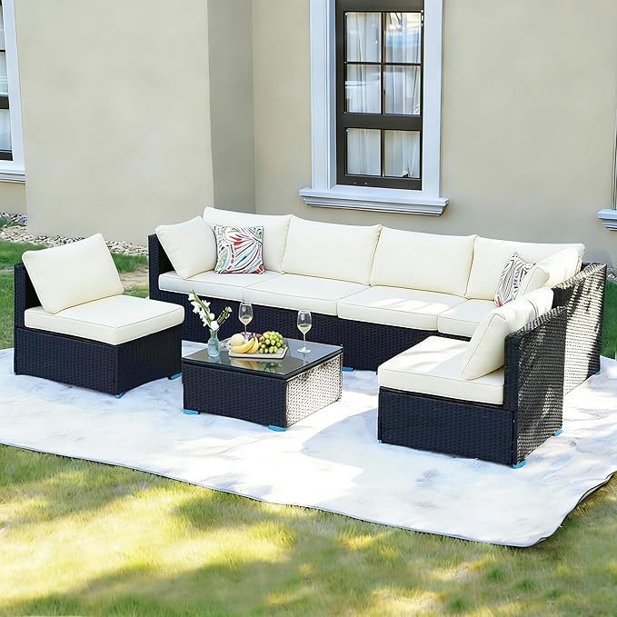7 Piece Outdoor Patio Furniture Sets, Beige Patio Sectional Furniture All-Weather PE Rattan Sectional Sofa, Outdoor Wicker Conversatin Set w Glass Coffee Table for Backyard, Garden, Porch