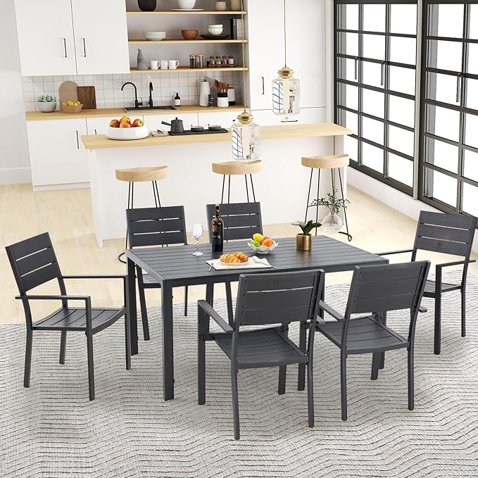 AECOJOY 7 Piece Outdoor Dining Set, 60" x 36" Aluminum Patio Table and Chairs Set for 6 with Rectangular Table and Stackable Chairs for Garden, Backyard, Black