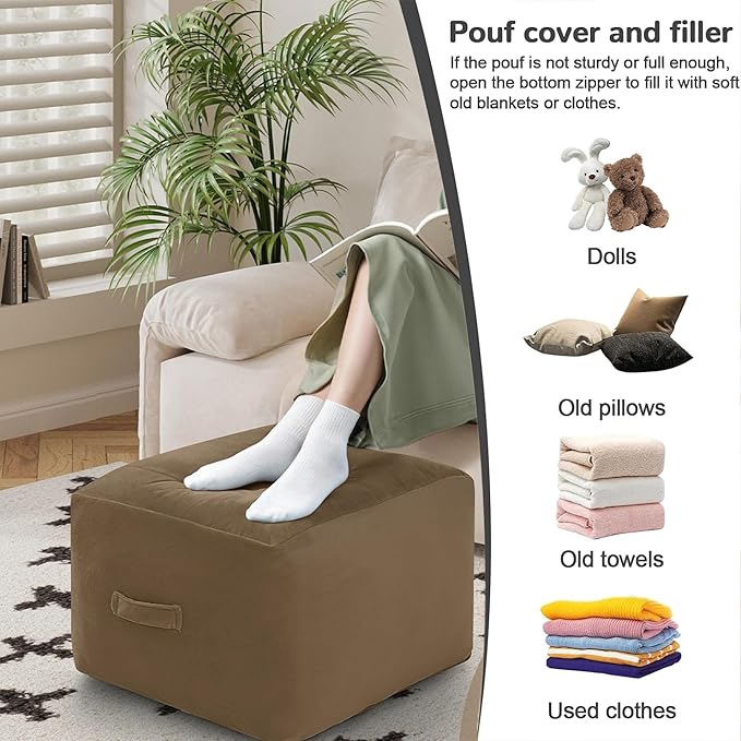 MeMoreCool Square Stuffed Pouf Ottoman Foot Rest, Floor Pouf Foot Stool with Foam Chunk Filling, Soft Stuffed Ottoman Footrest for Living Room, Light Coffee