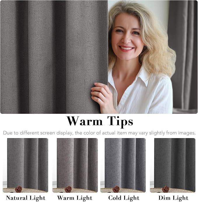 H.VERSAILTEX Linen Blackout Curtains 96 Inches Long 100% Absolutely Blackout Thermal Insulated Textured Linen Look Curtain Draperies Anti-Rust Grommet, Energy Saving with White Liner, 2 Panels, Grey