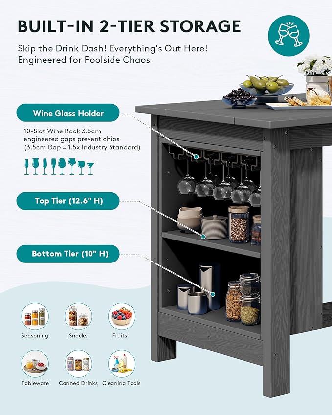 SERWALL 10-Piece HDPE Counter Height Dining Table Sets with Storage and Wine Rack, 2 Rectangular Bar Table with Bar Stools Set of 8 for Garden, Backyard, Kitchen, Gray