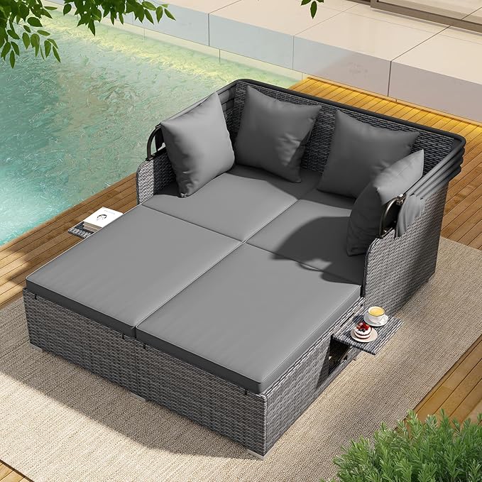 ORALNER Outdoor Daybed, 2-Person Wicker Patio Sofa with Retractable Canopy, Cushions & Pillows, 2 Side Trays, PE Rattan Double Sunbed for Deck Poolside Garden Balcony Backyard (Gray, Mix Gray)